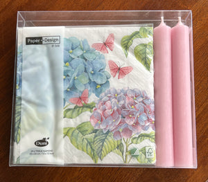 GIFT SET NAPKINS/CANDLES ~ GENTLE HYDRANGEAS